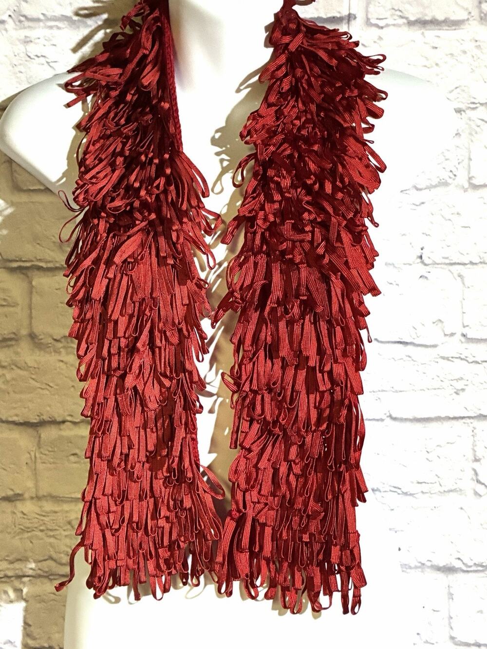 Pepa Pombo Red Fringe Scarf Handmade Colombia Statement Knit 44”